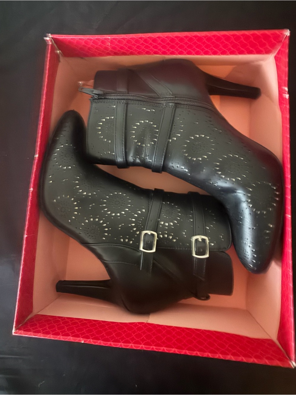 Kelly & Katie Black Perforated Pointed-Toe Ankle Booties with Buckles